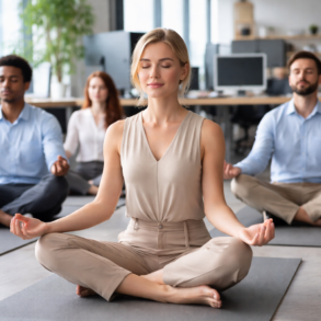 Práctica de Yoga Estilismo Laboral session improving posture, calm, and workplace balance in a modern professional setting