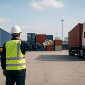 Private Freight Terminal with cargo containers, trucks, rail wagons, and workers managing faster freight movement