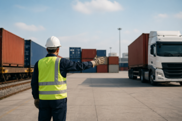 Private Freight Terminal with cargo containers, trucks, rail wagons, and workers managing faster freight movement