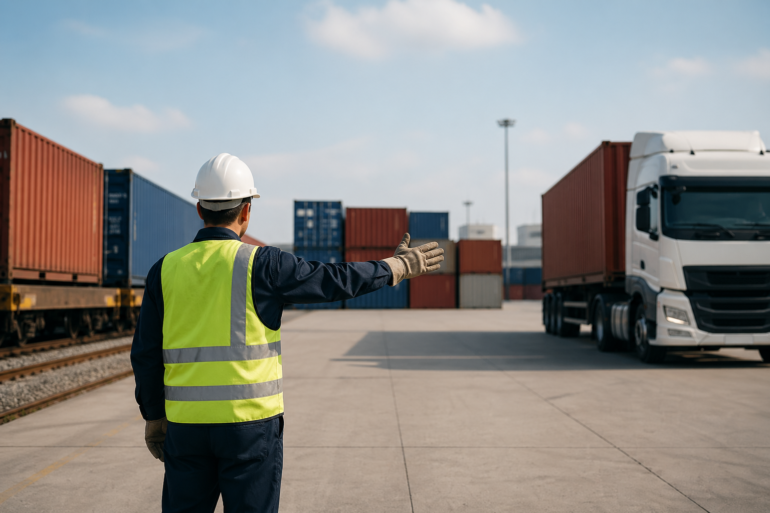 Private Freight Terminal with cargo containers, trucks, rail wagons, and workers managing faster freight movement