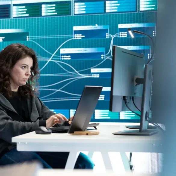 A woman works intently on a laptop at a desk, with a digital network display on the wall behind her. The setting is modern and technological.