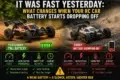 Infographic showing RC car performance: Left, "Yesterday Full Battery," highlights green icons for fast speed, powerful acceleration, normal motor temp, long runtime. Right, "Today Battery Dropping Off," shows red icons for slower speed, weaker acceleration, higher motor temp, shorter runtime. Emphasizes battery's effect on performance.