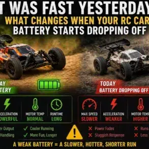 Infographic showing RC car performance: Left, "Yesterday Full Battery," highlights green icons for fast speed, powerful acceleration, normal motor temp, long runtime. Right, "Today Battery Dropping Off," shows red icons for slower speed, weaker acceleration, higher motor temp, shorter runtime. Emphasizes battery's effect on performance.