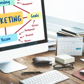 Computer screen displaying a marketing diagram with branches labeled "Branding," "Goals," "Vision." Desk with calendar, keyboard, and plant nearby.