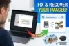 A man faces a laptop showing an SD card error message. Adjacent graphics depict successful photo recovery, with photos and bright text reading: "Fix & Recover Your Images!"