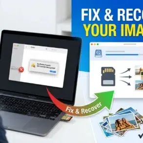 A man faces a laptop showing an SD card error message. Adjacent graphics depict successful photo recovery, with photos and bright text reading: "Fix & Recover Your Images!"