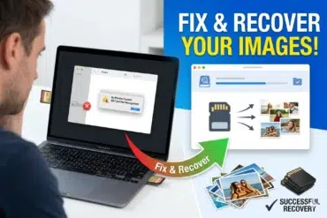 A man faces a laptop showing an SD card error message. Adjacent graphics depict successful photo recovery, with photos and bright text reading: "Fix & Recover Your Images!"