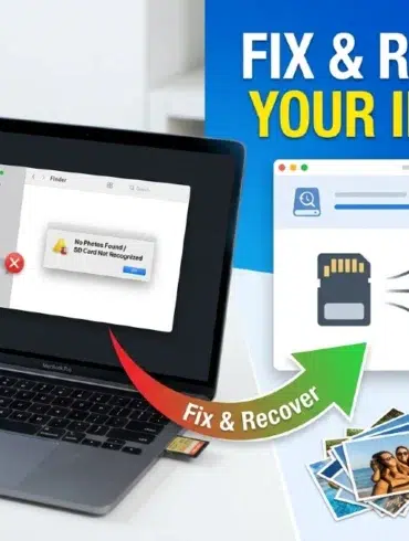 A man faces a laptop showing an SD card error message. Adjacent graphics depict successful photo recovery, with photos and bright text reading: "Fix & Recover Your Images!"