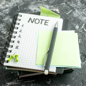 Stack of notebooks on a textured dark surface with a pen, blank sticky notes, and green push pins on top.