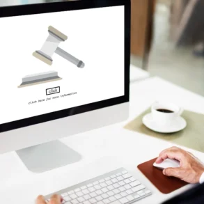 A man in a suit uses a computer mouse at a desk. The monitor displays a gavel and a button labeled "Click for more information." A coffee cup sits nearby.