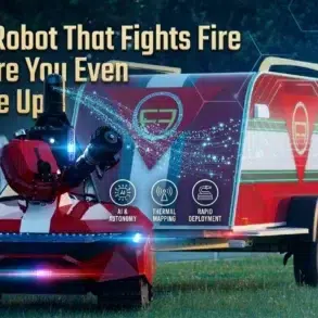 Red fire-fighting robot with AI features and thermal mapping capabilities, located outdoors. Text reads, "The Robot That Fights Fire Before You Even Wake Up."