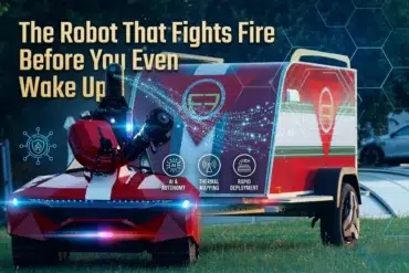 Red fire-fighting robot with AI features and thermal mapping capabilities, located outdoors. Text reads, "The Robot That Fights Fire Before You Even Wake Up."