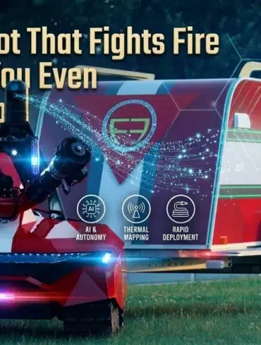 Red fire-fighting robot with AI features and thermal mapping capabilities, located outdoors. Text reads, "The Robot That Fights Fire Before You Even Wake Up."