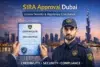 Security guard holding a SIRA Certified certificate with Dubai skyline and Burj Khalifa in the background, emphasizing security and compliance.