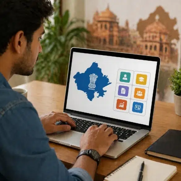 Man working on a laptop displaying a map with icons, suggesting governmental or educational content. Background shows a potted plant and notebooks.