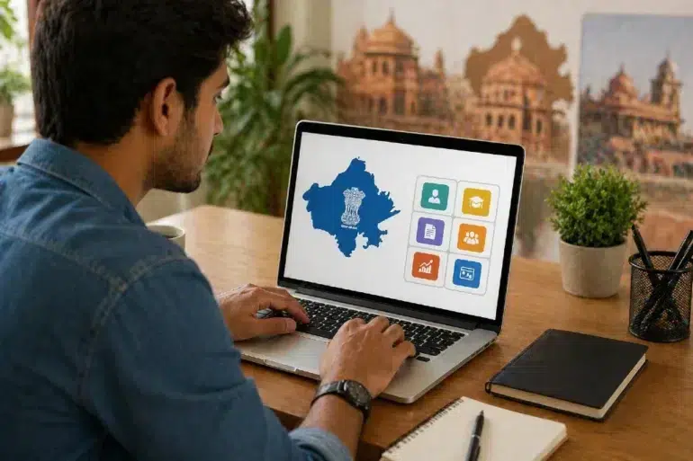Man working on a laptop displaying a map with icons, suggesting governmental or educational content. Background shows a potted plant and notebooks.