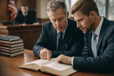 A high-angle view of a modern courtroom with law books representing Sagerne and legal precedents
