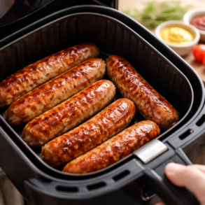 Sausages in Air Fryer cooked until golden brown with crisp skin and juicy center