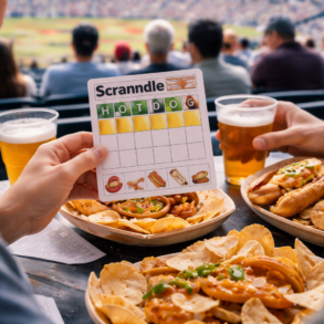 Scrandle daily stadium food comparison game showing two football matchday meals side by side