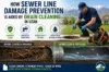 How Sewer Line Damage Prevention is Aided by Drain Cleaning in Utah." Left side: clogged pipe with roots. Right side: clean pipe, worker cleaning drains. Icons highlight benefits like preventing clogs and costly repairs. Background: mountains and houses. Text promotes keeping Utah’s sewer systems healthy.