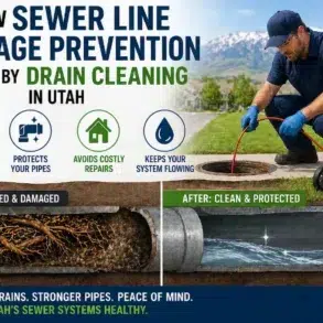 How Sewer Line Damage Prevention is Aided by Drain Cleaning in Utah." Left side: clogged pipe with roots. Right side: clean pipe, worker cleaning drains. Icons highlight benefits like preventing clogs and costly repairs. Background: mountains and houses. Text promotes keeping Utah’s sewer systems healthy.