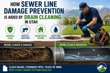 How Sewer Line Damage Prevention is Aided by Drain Cleaning in Utah." Left side: clogged pipe with roots. Right side: clean pipe, worker cleaning drains. Icons highlight benefits like preventing clogs and costly repairs. Background: mountains and houses. Text promotes keeping Utah’s sewer systems healthy.