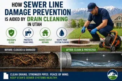 How Sewer Line Damage Prevention is Aided by Drain Cleaning in Utah." Left side: clogged pipe with roots. Right side: clean pipe, worker cleaning drains. Icons highlight benefits like preventing clogs and costly repairs. Background: mountains and houses. Text promotes keeping Utah’s sewer systems healthy.