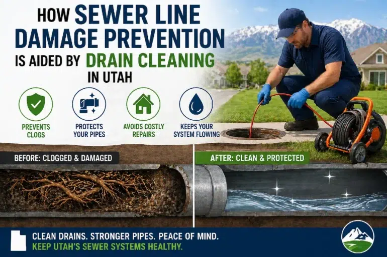 How Sewer Line Damage Prevention is Aided by Drain Cleaning in Utah." Left side: clogged pipe with roots. Right side: clean pipe, worker cleaning drains. Icons highlight benefits like preventing clogs and costly repairs. Background: mountains and houses. Text promotes keeping Utah’s sewer systems healthy.