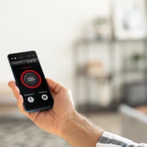 Person holding a smartphone showing a home security app with an active alarm and a red "Press to Disarm" button on screen.