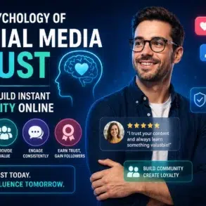 A man smiles confidently against a digital-themed background. Text reads "The Psychology of Social Media Trust" with tips on building online authority. Icons suggest engagement, authenticity, and loyalty, while social media metrics like likes and followers are displayed.