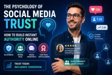 A man smiles confidently against a digital-themed background. Text reads "The Psychology of Social Media Trust" with tips on building online authority. Icons suggest engagement, authenticity, and loyalty, while social media metrics like likes and followers are displayed.