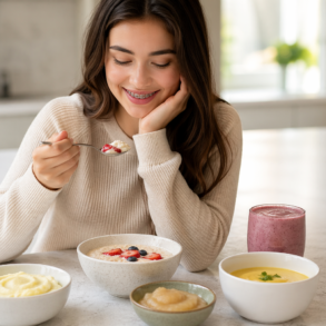 Soft Foods for Braces including yogurt, oatmeal, soup, eggs, pasta, and mashed potatoes for sore teeth after orthodontic treatment