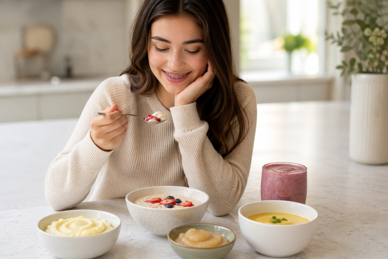 Soft Foods for Braces including yogurt, oatmeal, soup, eggs, pasta, and mashed potatoes for sore teeth after orthodontic treatment