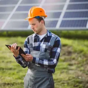 A worker in a plaid shirt and orange hard hat examines a tablet while standing in front of a solar panel array on a sunny day, focusing intently.