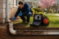 A man inspects an outdoor pipe with a camera cable, shown on a screen. Scene reveals underground pipe system, surrounded by grass and spring trees.