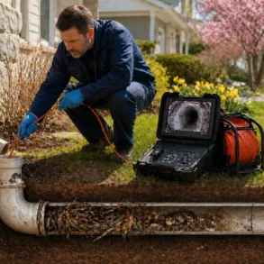 A man inspects an outdoor pipe with a camera cable, shown on a screen. Scene reveals underground pipe system, surrounded by grass and spring trees.