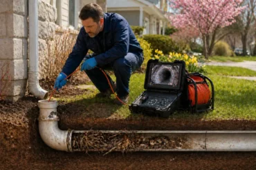 A man inspects an outdoor pipe with a camera cable, shown on a screen. Scene reveals underground pipe system, surrounded by grass and spring trees.