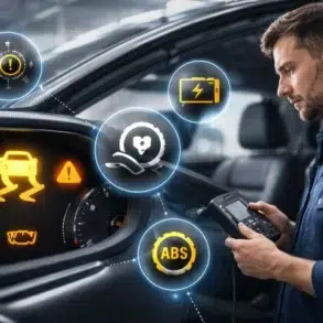 Stabilitrak service message warning on a GM vehicle dashboard with traction control and ABS indicators
