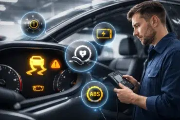 Stabilitrak service message warning on a GM vehicle dashboard with traction control and ABS indicators