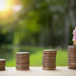 Stacks of coins increase in height from left to right, with a small figurine of a woman in a pink dress standing on the tallest stack. Sunlight filters through greenery in the background, creating a hopeful tone.
