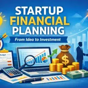 Illustration of startup financial planning showing growth charts, money, budget, handshake, target, lightbulb, and rocket symbolizing success.