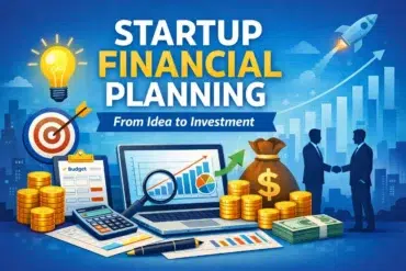 Illustration of startup financial planning showing growth charts, money, budget, handshake, target, lightbulb, and rocket symbolizing success.