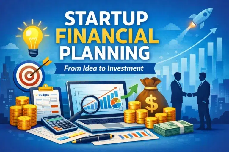 Illustration of startup financial planning showing growth charts, money, budget, handshake, target, lightbulb, and rocket symbolizing success.