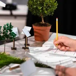 A person sketches designs on paper at a desk with model trees, wind turbines, and solar panels, conveying a focus on sustainable energy and planning.