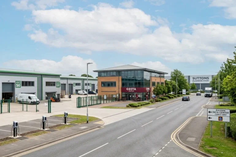 An elevated view of a paved entrance into Suttons Business Park, showing industrial buildings on the left with EV chargers and a forklift, a three-story office building with a Costa Coffee at its base, and a road leading towards a large 'Suttons Business Park' sign in the distance under a partly cloudy sky.