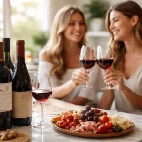 A variety of sweet red wine bottles and glasses on a wooden table, featuring sparkling Lambrusco and rich Port.