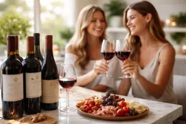 A variety of sweet red wine bottles and glasses on a wooden table, featuring sparkling Lambrusco and rich Port.