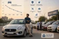 Man in a car lot leans against a silver sedan. A graph shows declining Swift Dzire prices from ₹7.8 lakh in 2021 to ₹6 lakh in 2025. Icons highlight benefits: high reliability, excellent mileage, low maintenance, wide service network, strong resale value. Sign says "Used Cars." Tone is informative.