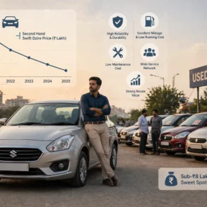 Man in a car lot leans against a silver sedan. A graph shows declining Swift Dzire prices from ₹7.8 lakh in 2021 to ₹6 lakh in 2025. Icons highlight benefits: high reliability, excellent mileage, low maintenance, wide service network, strong resale value. Sign says "Used Cars." Tone is informative.