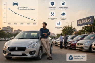 Man in a car lot leans against a silver sedan. A graph shows declining Swift Dzire prices from ₹7.8 lakh in 2021 to ₹6 lakh in 2025. Icons highlight benefits: high reliability, excellent mileage, low maintenance, wide service network, strong resale value. Sign says "Used Cars." Tone is informative.